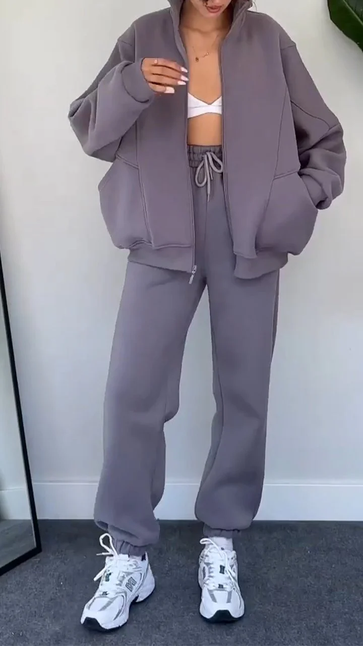 Casual Lapel Zipper Cardigan and Trousers Two-piece Suit